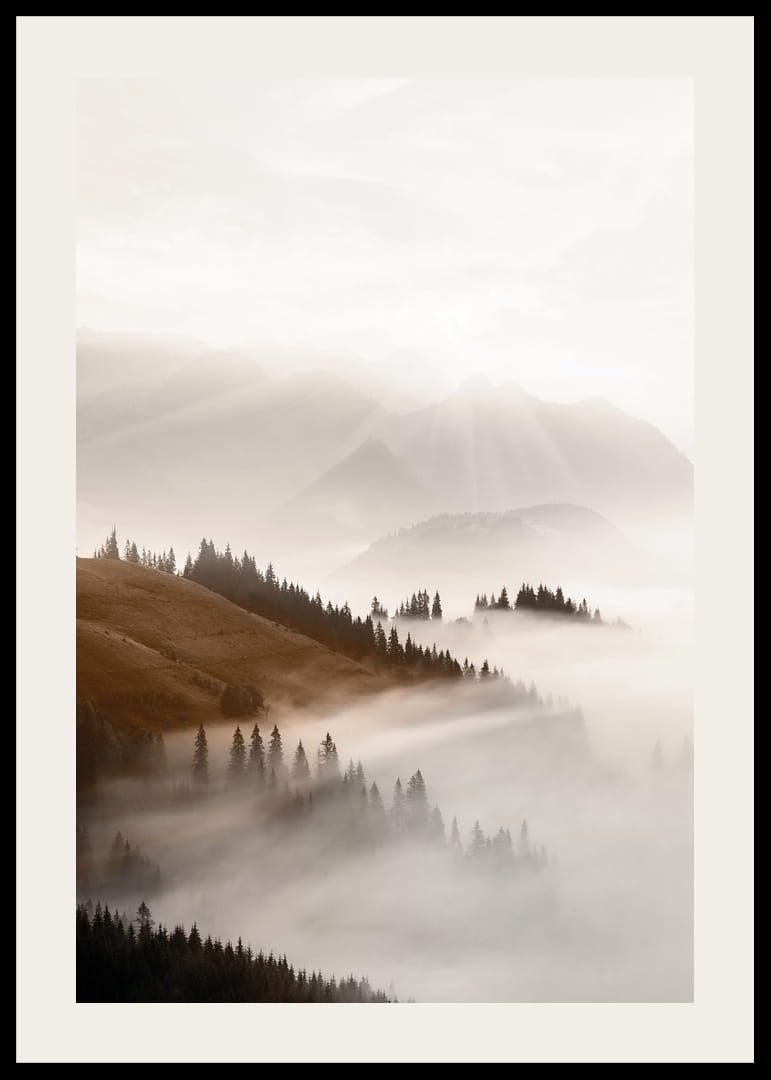 Dimtäckt dal med höstfärgade kullar och granar, fotografi-12