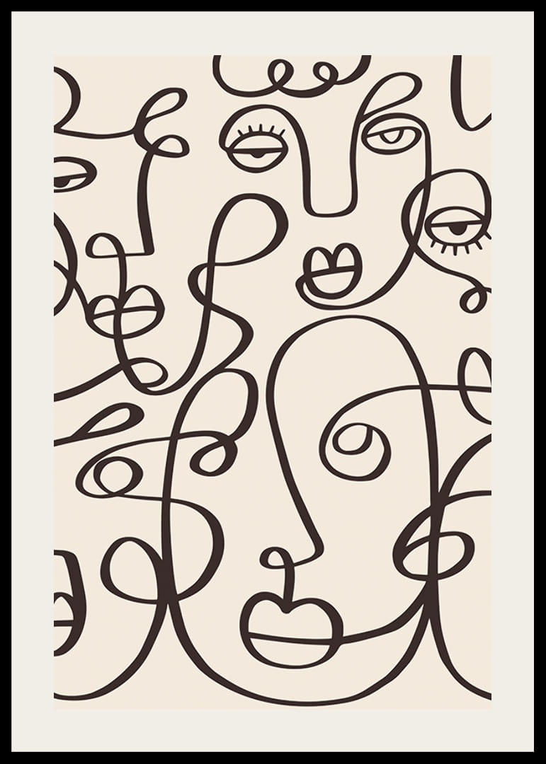 Abstrakta ansikten i svart linjekonst på beige bakgrund-12