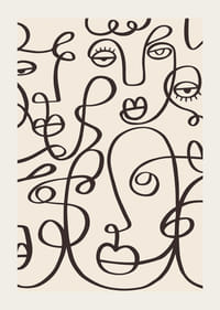 Abstrakta ansikten i svart linjekonst på beige bakgrund-3