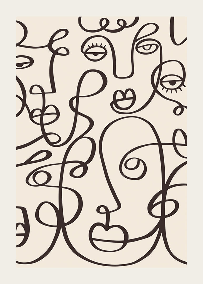Abstrakta ansikten i svart linjekonst på beige bakgrund-12