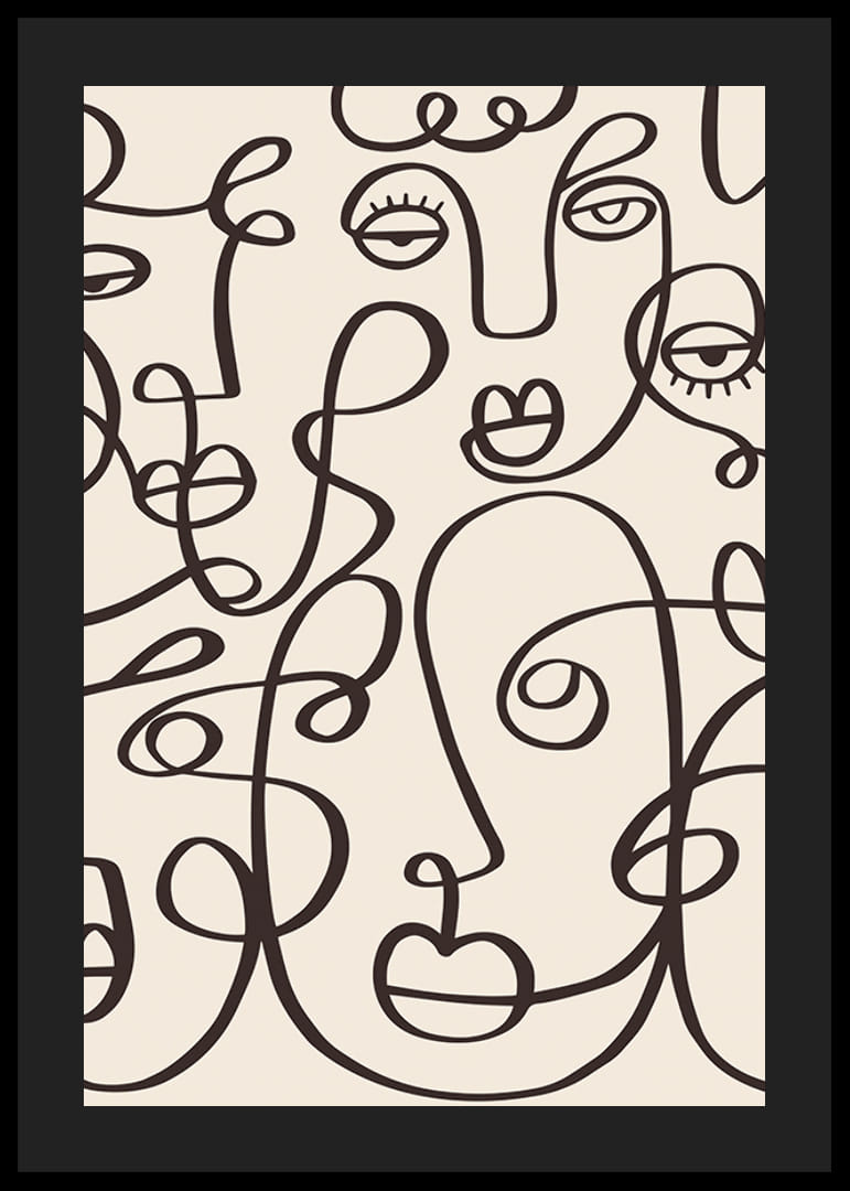 Abstrakta ansikten i svart linjekonst på beige bakgrund-12