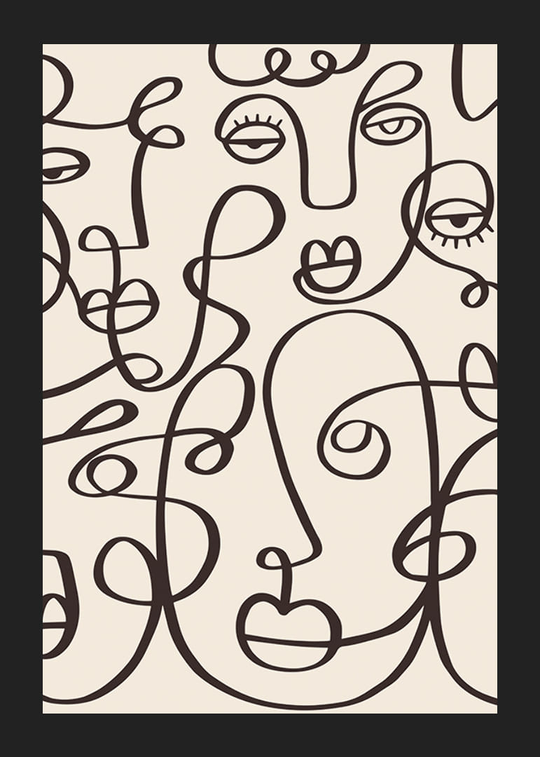Abstrakta ansikten i svart linjekonst på beige bakgrund-12