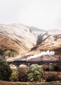 Steam train on stone viaduct in front of bright mountains in autumn landscape-7