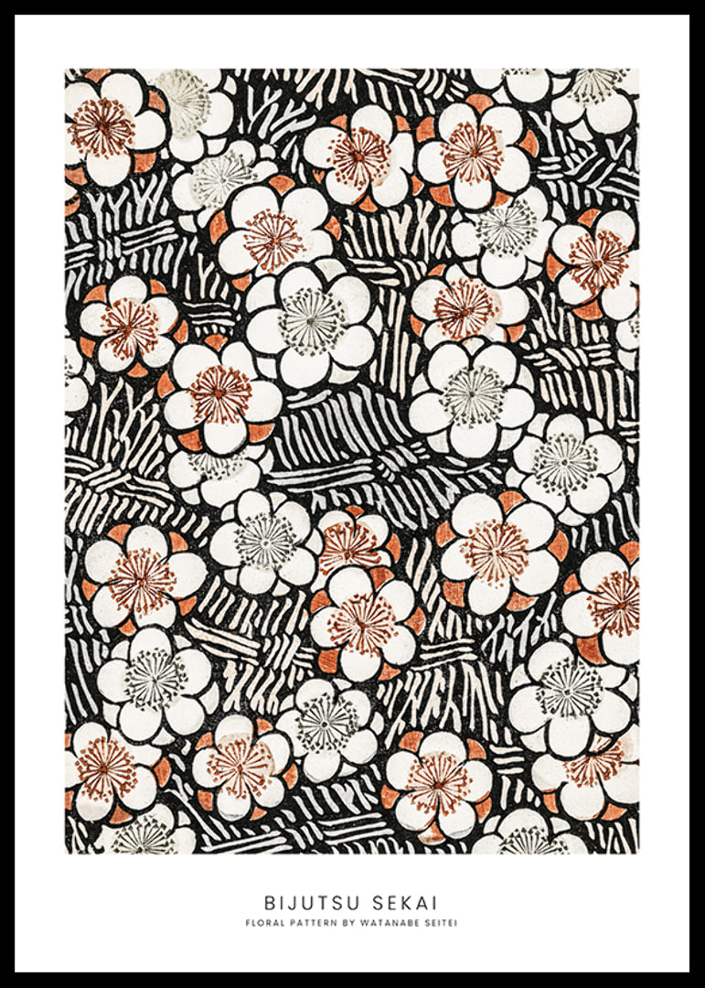 Illustrerat blommönster i svart, vitt och orange av Watanabe Seitei-12