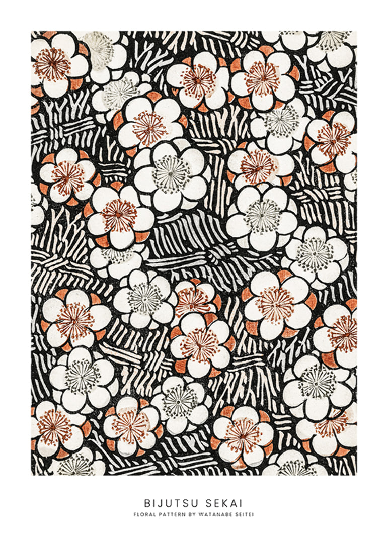 Illustrerat blommönster i svart, vitt och orange av Watanabe Seitei-12