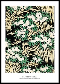 Japanese illustration with white flowers and green leaves against a black background by Watanabe Seitei-0