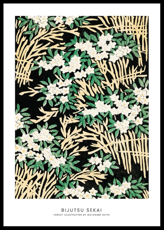Japanese illustration with white flowers and green leaves against a black background by Watanabe Seitei-12