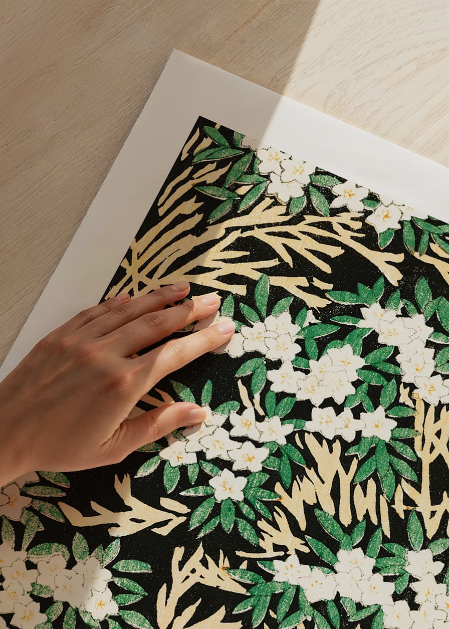 Japanese illustration with white flowers and green leaves against a black background by Watanabe Seitei-12