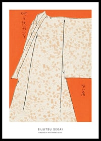 Kimono ilustrado en beige y naranja de Watanabe Seitei-0