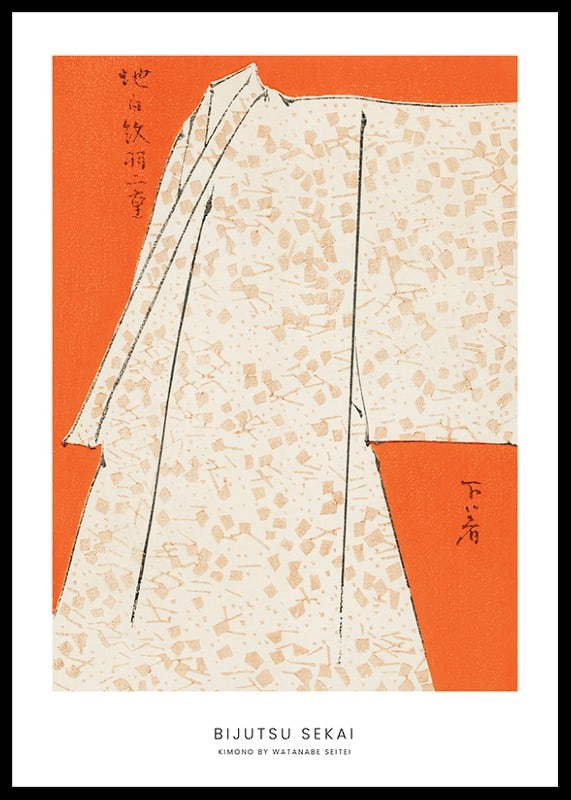 Kimono ilustrado en beige y naranja de Watanabe Seitei-12