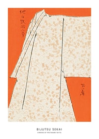 Kimono ilustrado en beige y naranja de Watanabe Seitei-1
