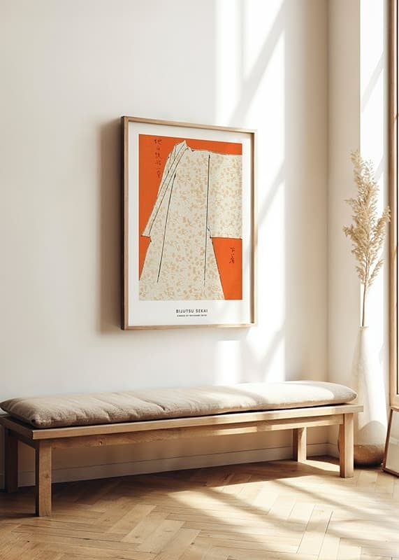 Kimono ilustrado en beige y naranja de Watanabe Seitei-12
