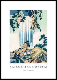 Japanese woodcut, blue waterfall lines against lush green landscape-0