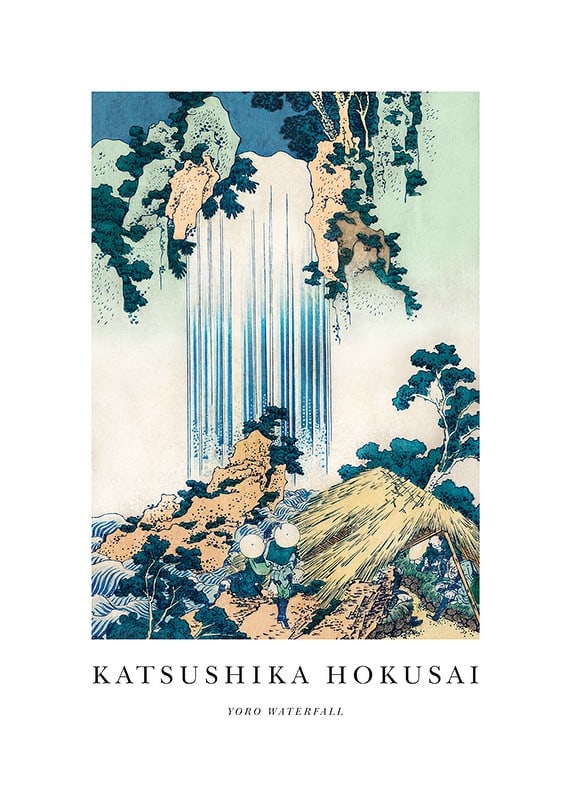 Japanese woodcut, blue waterfall lines against lush green landscape-12