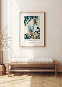 Japanese woodcut, blue waterfall lines against lush green landscape-2