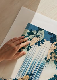 Japanese woodcut, blue waterfall lines against lush green landscape-3