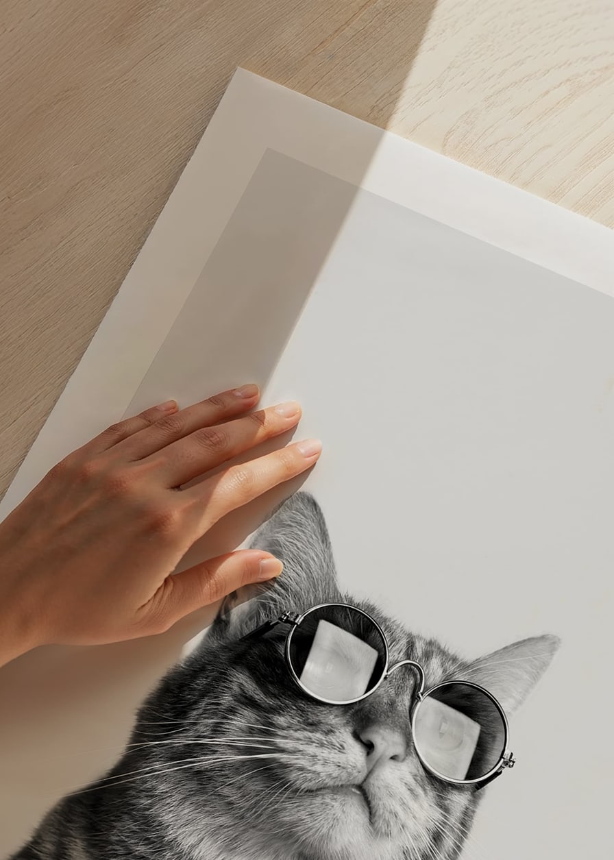 Black and white close-up of cat with sunglasses against light background-12