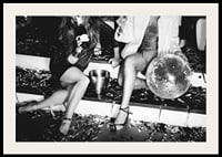 Black and white photograph of two women on party stairs with disco ball-2