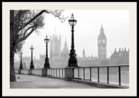 Black and white photo of street lamps along the River Thames with Big Ben in the background-2