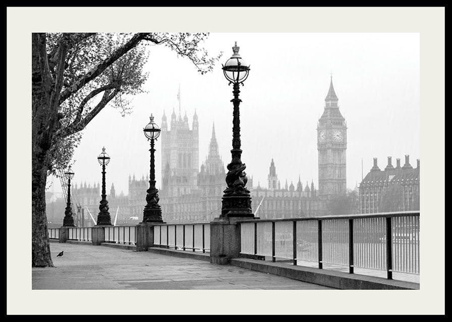 Black and white photo of street lamps along the River Thames with Big Ben in the background-12