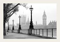 Black and white photo of street lamps along the River Thames with Big Ben in the background-3