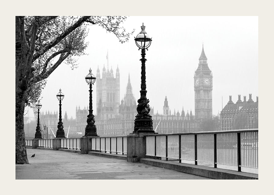 Black and white photo of street lamps along the River Thames with Big Ben in the background-12