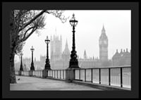 Black and white photo of street lamps along the River Thames with Big Ben in the background-4