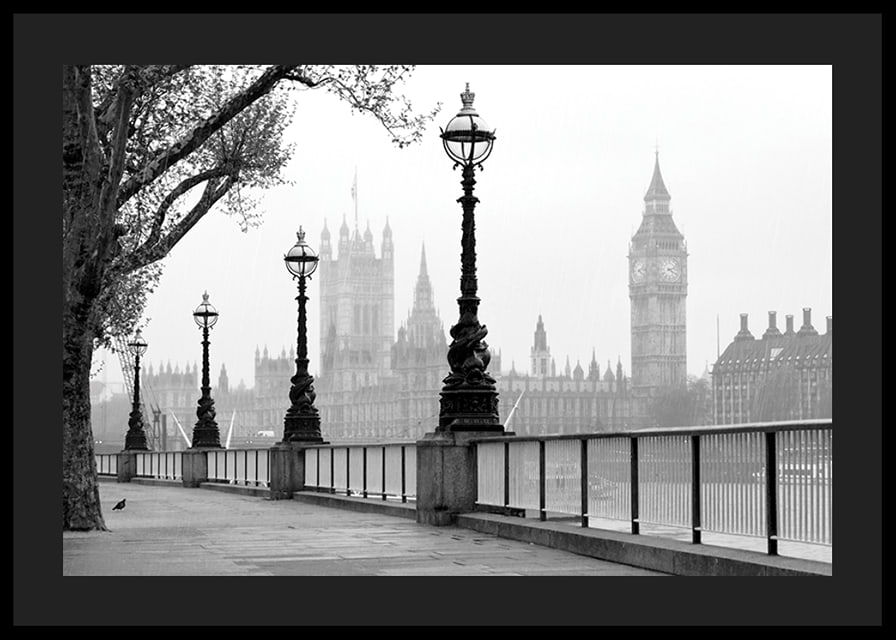 Black and white photo of street lamps along the River Thames with Big Ben in the background-12