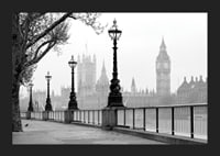 Black and white photo of street lamps along the River Thames with Big Ben in the background-5