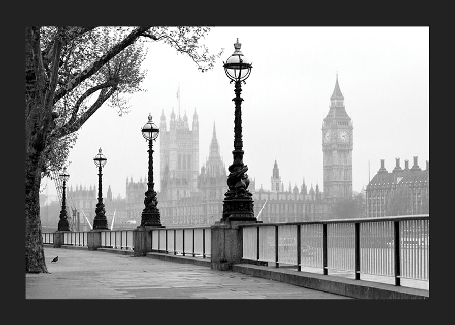 Black and white photo of street lamps along the River Thames with Big Ben in the background-12