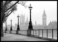 Black and white photo of street lamps along the River Thames with Big Ben in the background-6