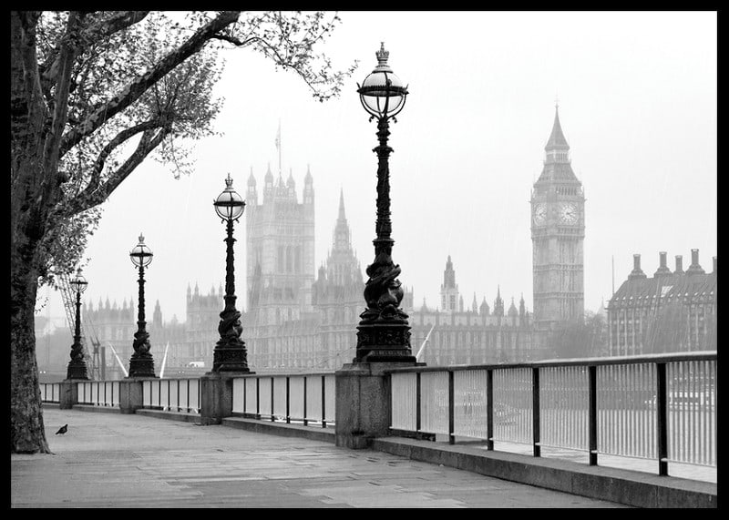 Black and white photo of street lamps along the River Thames with Big Ben in the background-12