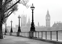 Black and white photo of street lamps along the River Thames with Big Ben in the background-7
