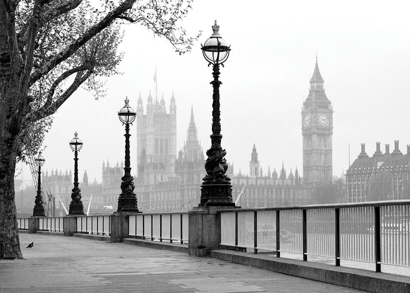 Black and white photo of street lamps along the River Thames with Big Ben in the background-12