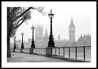 Black and white photo of street lamps along the River Thames with Big Ben in the background-0
