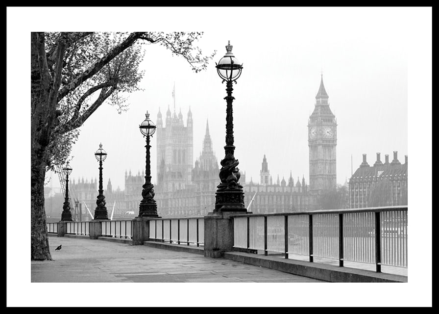 Black and white photo of street lamps along the River Thames with Big Ben in the background-12