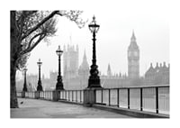 Black and white photo of street lamps along the River Thames with Big Ben in the background-1