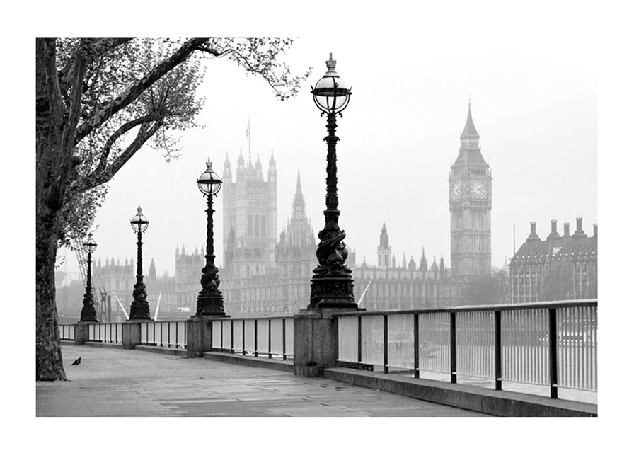 Black and white photo of street lamps along the River Thames with Big Ben in the background-12