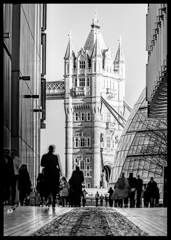 Black and white photograph of Tower Bridge with silhouettes of people-12