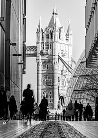 Black and white photograph of Tower Bridge with silhouettes of people-7