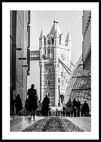 Black and white photograph of Tower Bridge with silhouettes of people-0