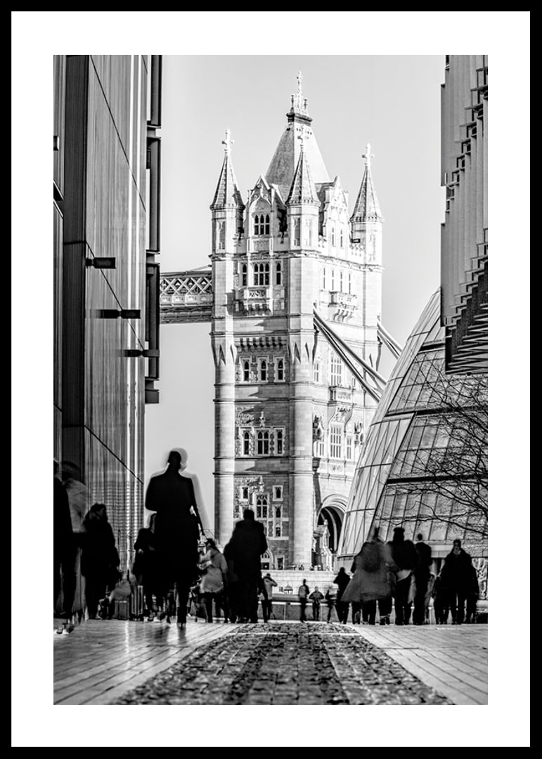 Black and white photograph of Tower Bridge with silhouettes of people-12