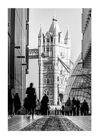 Black and white photograph of Tower Bridge with silhouettes of people-1