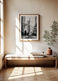 Black and white photograph of Tower Bridge with silhouettes of people-8