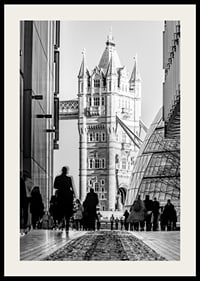 Black and white photograph of Tower Bridge with silhouettes of people-2