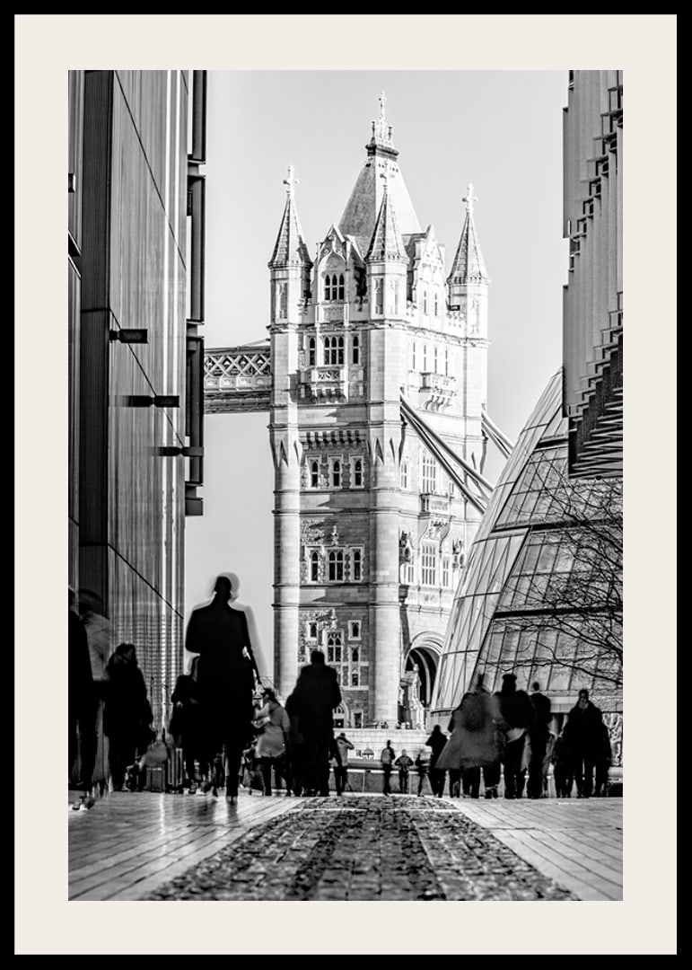 Black and white photograph of Tower Bridge with silhouettes of people-12