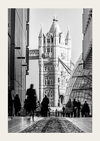 Black and white photograph of Tower Bridge with silhouettes of people-3