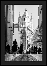 Black and white photograph of Tower Bridge with silhouettes of people-4