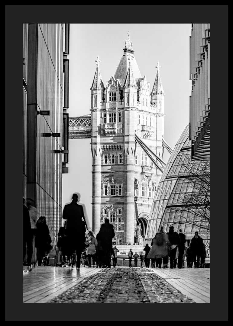 Black and white photograph of Tower Bridge with silhouettes of people-12