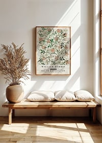 Dense, stylized pattern with winding jasmine vines, white flowers and small green leaves against an olive green background-2